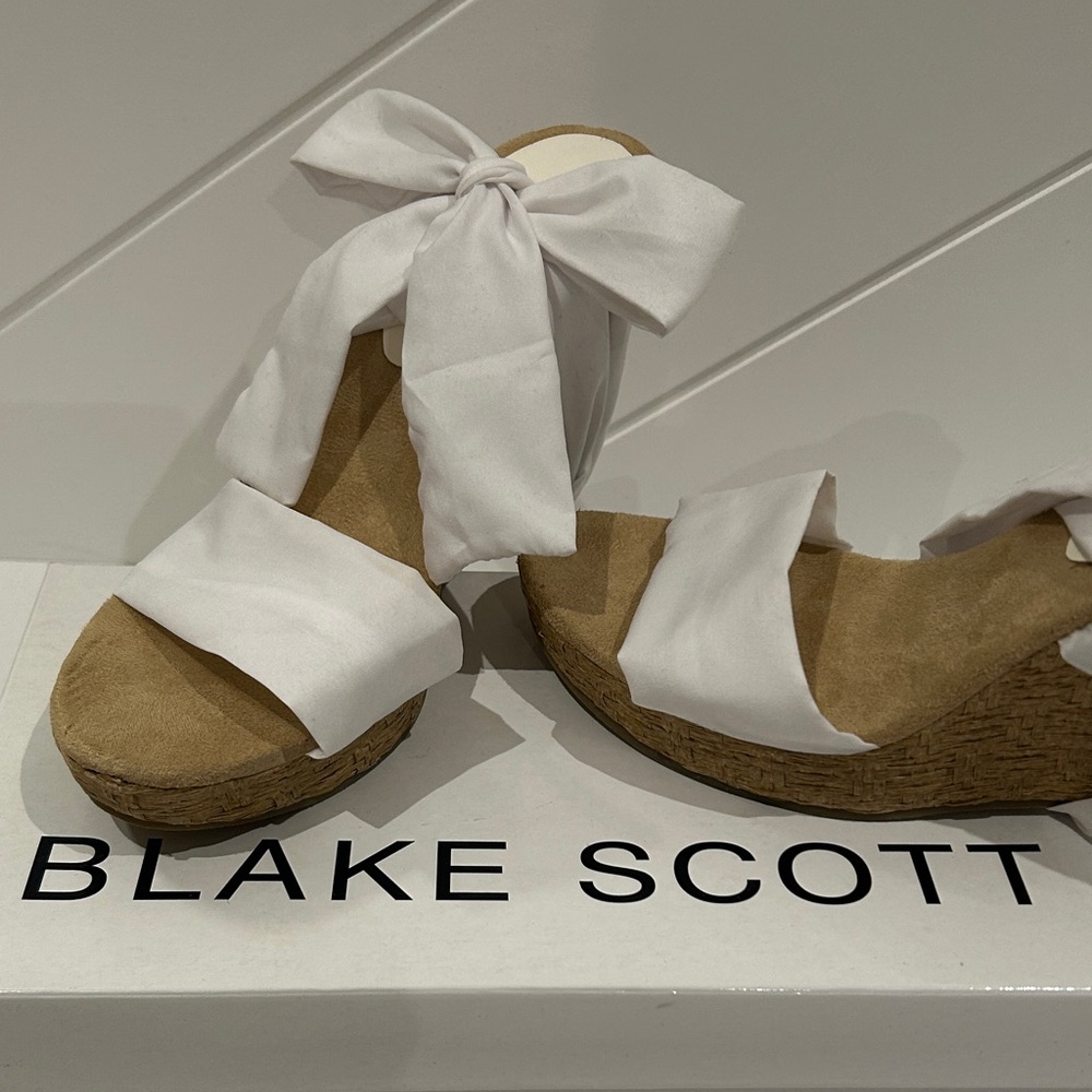 Blake Scott White Wedge Sandals, small tip mark, never worn.
